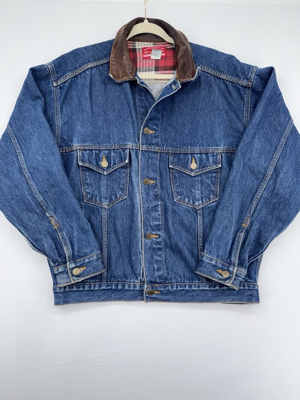 Marlboro Country Store Jacket Men Medium Blue Leather Collar Trucker Flannel Vtg